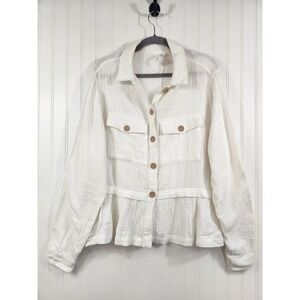 Ady P White Double Gauze Cotton Peplum Button Down Shirt Jacket XL Sheer